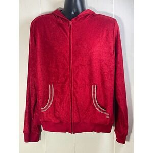 BOGAR Red Velour Terrycloth Zip Up Hoodie Jacket Size XL vintage hiphop 90s